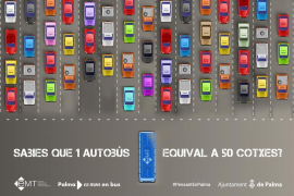 Un dels exemples és una imatge amb el missatge que un autobús equival a 50 cotxes.