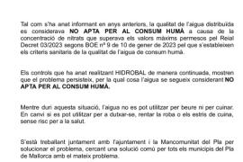 L'aigua continua sense ser apta per al consum humà en algunes localitats del Pla de Mallorca