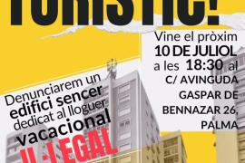 Menys turisme, més vida convoca una protesta frente a un edificio dedicado al alquiler turístico ilegal en Palma