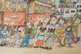 Detall del mural de Pilarín Bayés amb les Valentes Dones i el tramvia al fons.